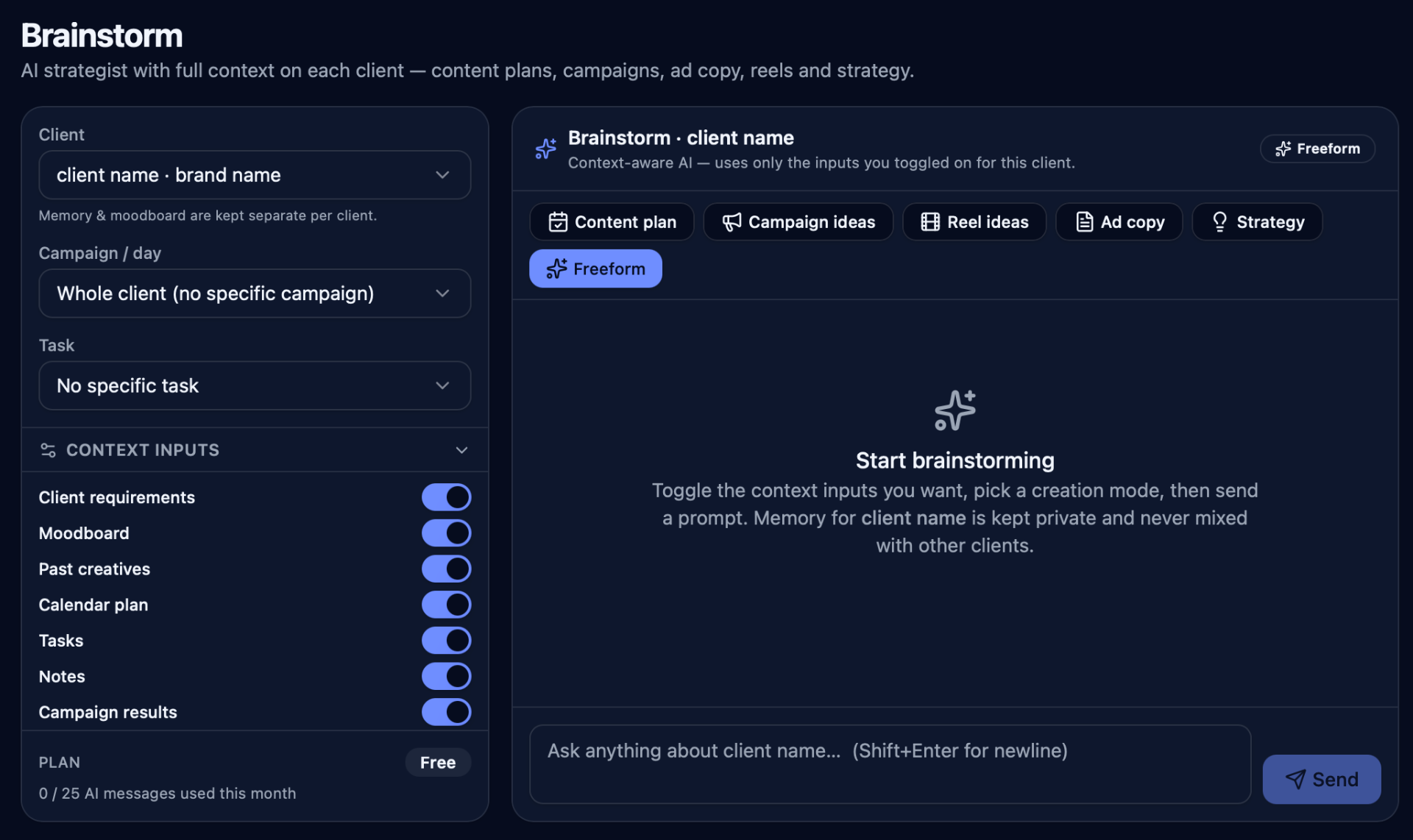 Rytain AI brainstorm panel showing context-aware content generation per client
