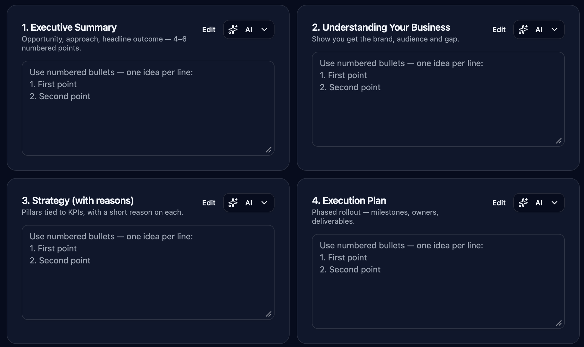 Rytain AI proposal builder with structured sections and AI suggestions